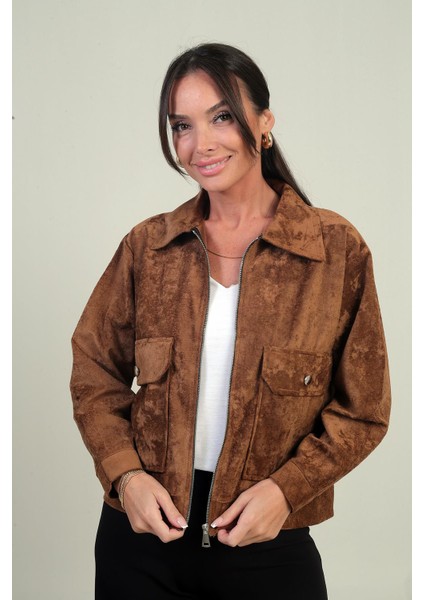 Kadın Torba Cepli Önü Fermuarlı Süet Mont modelleri