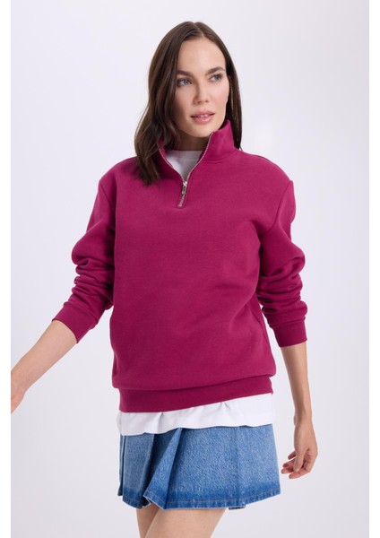 Kadın Relax Fit Rahat Kesim Pamuklu Içi Polarlı Yarım Fermuarlı Fuşya Dik Yaka Sweatshirt