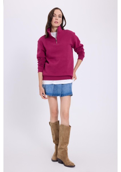 Kadın Relax Fit Rahat Kesim Pamuklu Içi Polarlı Yarım Fermuarlı Fuşya Dik Yaka Sweatshirt fırsatları