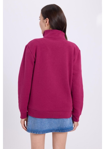 Kadın Relax Fit Rahat Kesim Pamuklu Içi Polarlı Yarım Fermuarlı Fuşya Dik Yaka Sweatshirt
