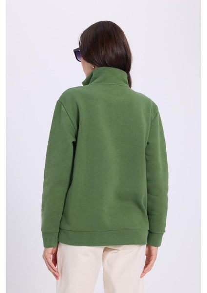 Kadın Relax Fit Rahat Kesim Pamuklu Içi Polarlı Yarım Fermuarlı Yeşil Dik Yaka Sweatshirt