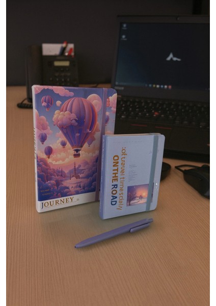 2 Adet Ajanda Çizgili Not Defteri-Uçlu Kalem Hediyeli Mor Balon