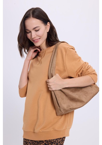 Kadın Oversize Geniş Kesim %100 Pamuk Basic Camel Bisiklet Yaka Sweatshirt