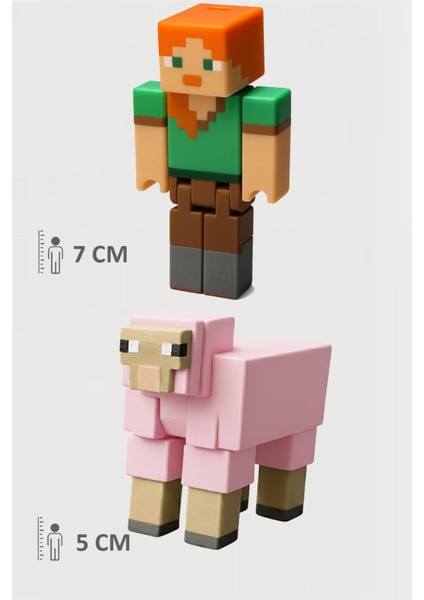 Minecraft Alex ve Pembe Koyun Sheep Set Hareketli Eklemli Figür