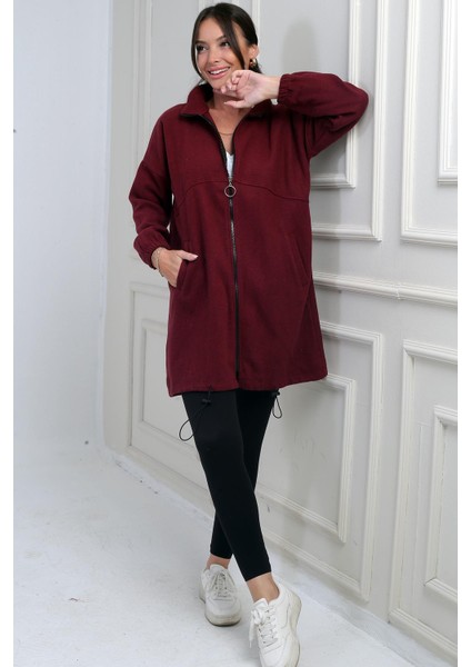 Kadın Önü Fermuarlı Altı Lastikli Cepli Uzun Kaşe Mont