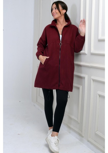 Kadın Önü Fermuarlı Altı Lastikli Cepli Uzun Kaşe Mont fiyatları