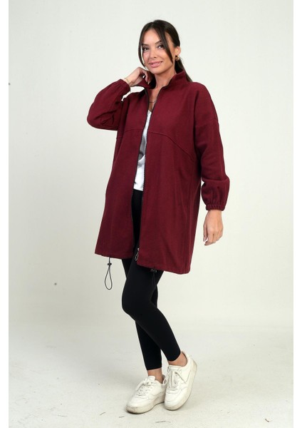 Kadın Önü Fermuarlı Altı Lastikli Cepli Uzun Kaşe Mont modelleri