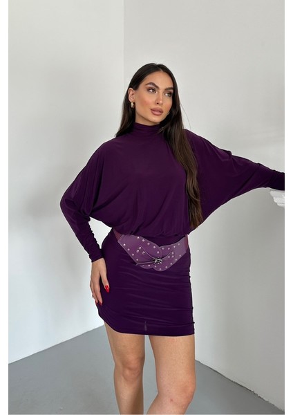 Kadın Elbise Mini Şık Kemerli Yarım Balıkçı Yaka Uzun Yarasa Kollu Dökümlü Sandy Elbise fiyatları