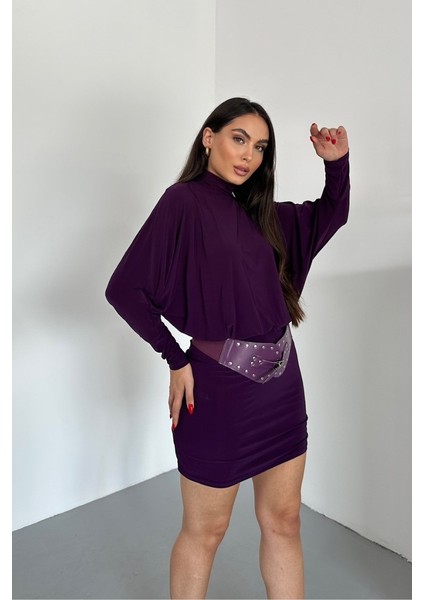 Kadın Elbise Mini Şık Kemerli Yarım Balıkçı Yaka Uzun Yarasa Kollu Dökümlü Sandy Elbise fırsatları