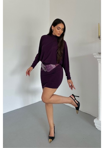 Kadın Elbise Mini Şık Kemerli Yarım Balıkçı Yaka Uzun Yarasa Kollu Dökümlü Sandy Elbise indirimleri