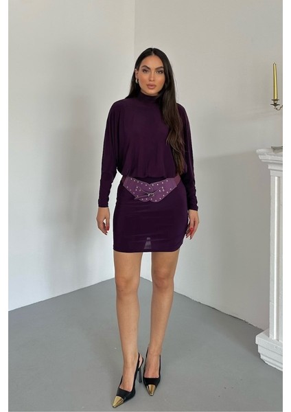 Kadın Elbise Mini Şık Kemerli Yarım Balıkçı Yaka Uzun Yarasa Kollu Dökümlü Sandy Elbise