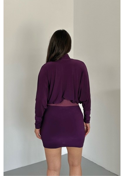 Kadın Elbise Mini Şık Kemerli Yarım Balıkçı Yaka Uzun Yarasa Kollu Dökümlü Sandy Elbise