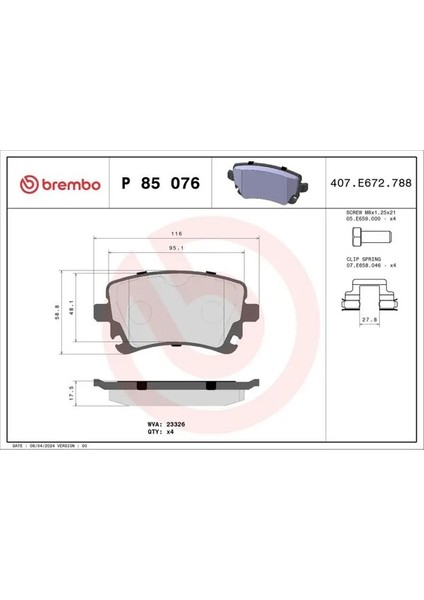 P85076 Arka Fren Balatasi 4B3698451 4B3698451A 4E0698451