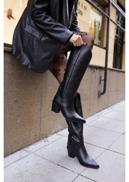 Wanda Kadın Siyah Gercek Deri Western Çizme