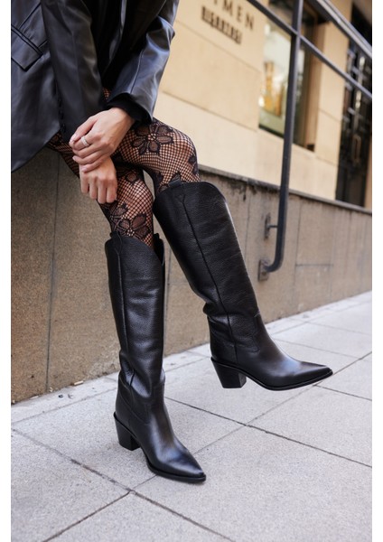 Wanda Kadın Siyah Gercek Deri Western Çizme