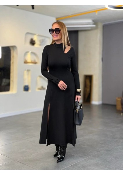 Kadın Balıkçı Yaka Damla Detaylı Yırtmaçlı Uzun Viskon Iki Iplik Maxi Elbise fırsatları