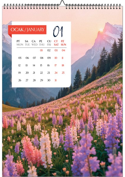 2026 Inkjet Fotoğraf Kağıdına Baskılı A3 Ebatlı Manzaralı Duvar Takvimi