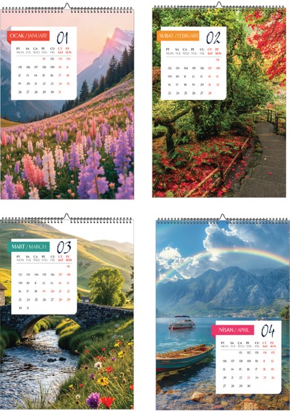 2026 Inkjet Fotoğraf Kağıdına Baskılı A3 Ebatlı Manzaralı Duvar Takvimi modelleri