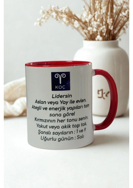 Koç Burcu Porselen Kupa – Burç Özellikli Kırmızı Kulplu Kahve Fincanı Hediye