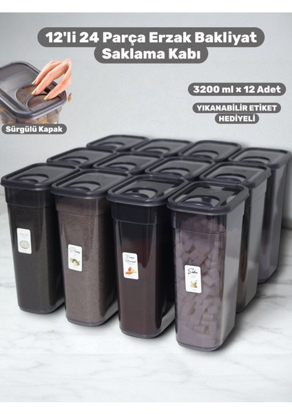 12'li 24 Parça 3.2 Lt Erzak ve Bakliyat Saklama Kabı Seti Hava Geçirmez Kapaklı Mutfak Düzenleyici
