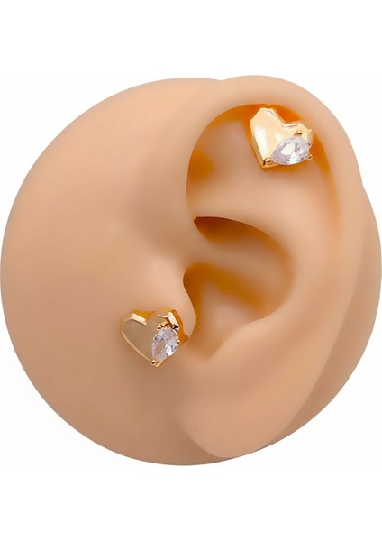 Cerrrahi Çelik Piercing ( Pirsing ) Badem Taşlı Kalpli Tragus Helix Piercing (1ADET)
