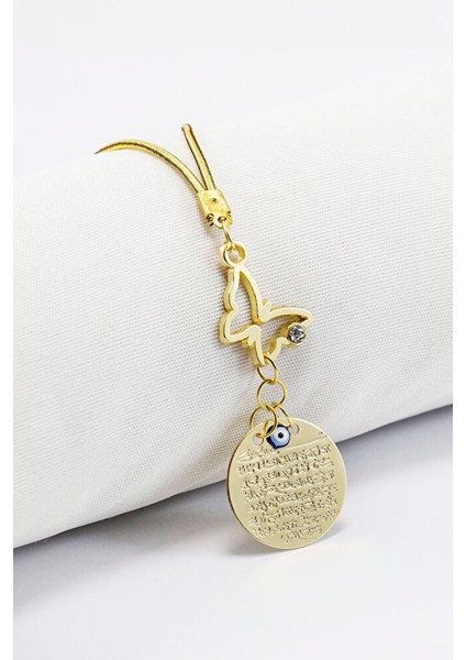 Gold Renkli Metal Dikiz Ayna Süsü, Kelebek Nazar Boncuğu Ayetel Kürsi Yeni Araba Hediyesi