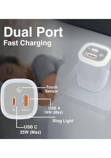 30W Usb-C To Type-C / USB + Pd Hızlı Şarj Aleti - Gece Lambası - Dokunmatik Ledli Şarj Aleti