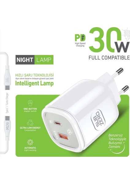 30W Usb-C To Type-C / USB + Pd Hızlı Şarj Aleti - Gece Lambası - Dokunmatik Ledli Şarj Aleti