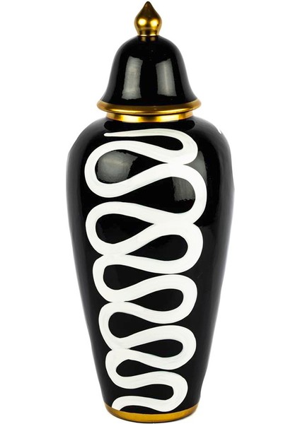 Siyah Beyaz Desenli Küp Kapaklı Vazo 20X45CM