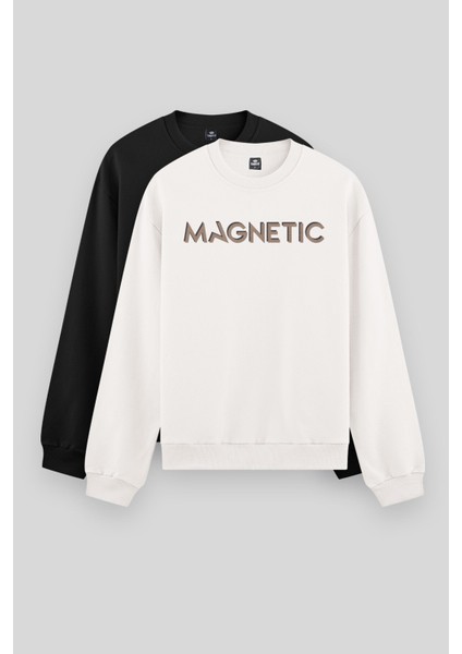 Rahat Form O Yaka 2li Paket Siyah-Ekru Erkek Sweatshirt - 88020