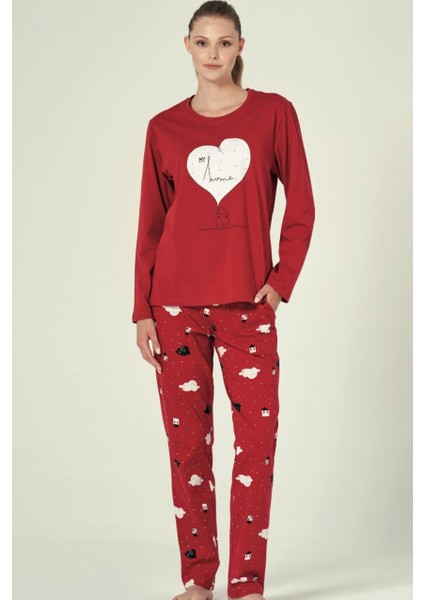 Kırmızı Kalp Baskılı Ev Temalı Uzun Kollu Kadın Pijama Takımı