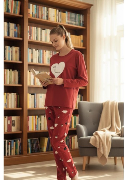 Kırmızı Kalp Baskılı Ev Temalı Uzun Kollu Kadın Pijama Takımı fiyatları