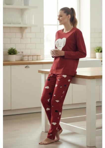 Kırmızı Kalp Baskılı Ev Temalı Uzun Kollu Kadın Pijama Takımı modelleri