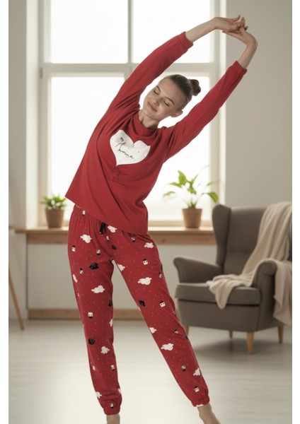 Kırmızı Kalp Baskılı Ev Temalı Uzun Kollu Kadın Pijama Takımı fırsatları