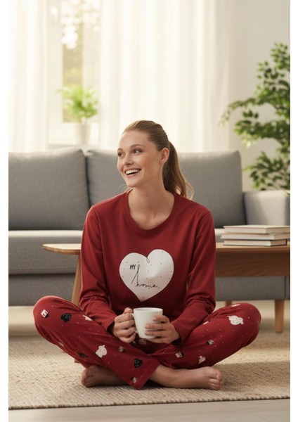 Kırmızı Kalp Baskılı Ev Temalı Uzun Kollu Kadın Pijama Takımı indirimleri