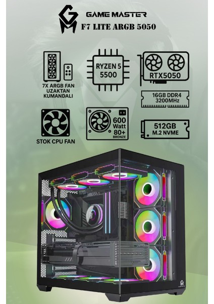 F7 Lite Argb RTX5050 Ryzen 5 5500 Cpu 16GB Ddr4 Ram 512GB M.2 SSD RTX5050 7x Argb Fanlı Gaming Pc fiyatları