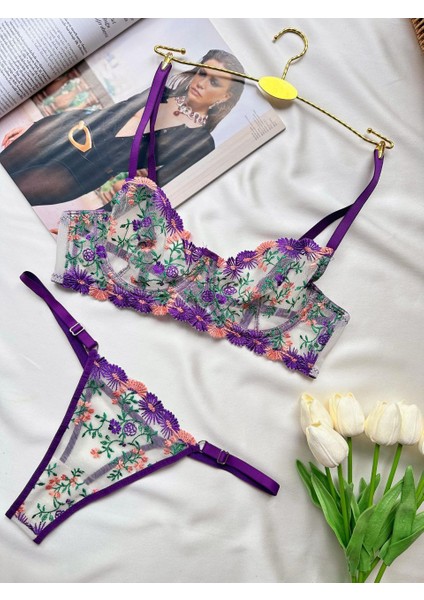 Mor Çiçekli Transparan Sütyentakımı