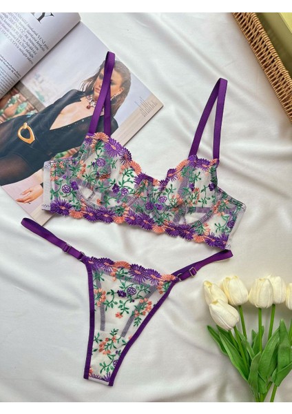 Mor Çiçekli Transparan Sütyentakımı modelleri