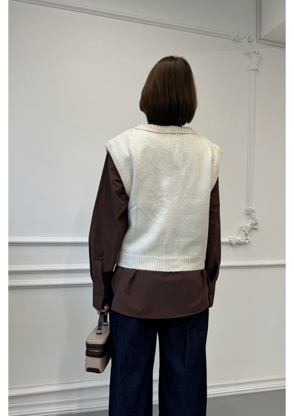 V Yaka Triko Süveter- Taş