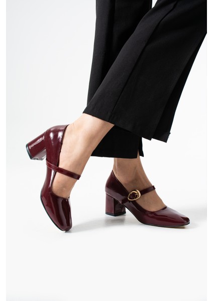 BA04593 Bordo Rugan Toka Kemer 5 cm Topuklu Ayakkabı - 41