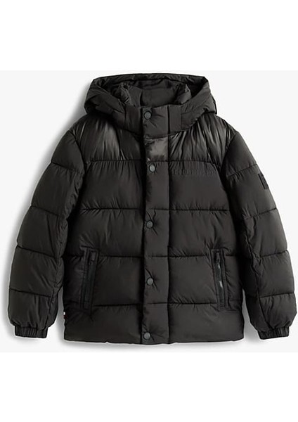 Erkek Çocuk Regular Fit Kabartma Yazı Logolu Kapüşonlu Şişme Mont - Siyah indirimleri