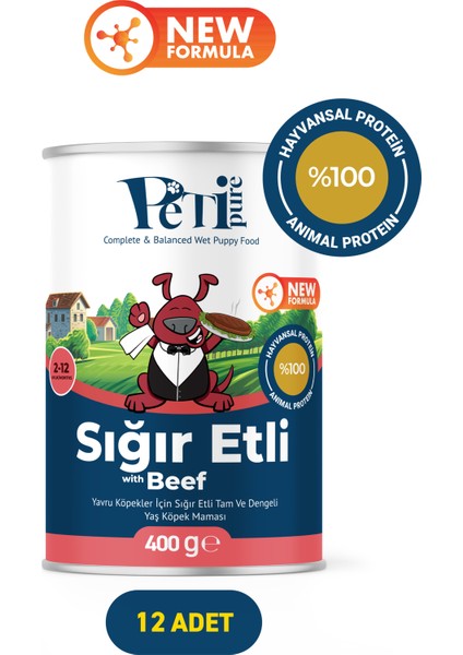 Sığır Etli Yaş Konserve Yavru Köpek Maması, Jöle Içinde Parça Etli, 400 gr x 12 Adet