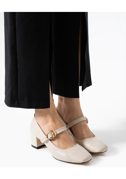 BA04593 Bej Cilt Toka Kemer 5 cm Topuklu Ayakkabı - 39