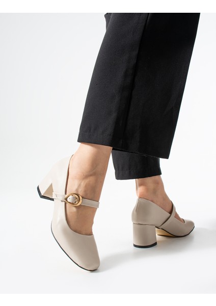 BA04593 Bej Cilt Toka Kemer 5 cm Topuklu Ayakkabı - 39 fiyatları