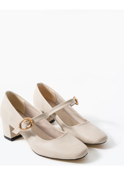 BA04593 Bej Cilt Toka Kemer 5 cm Topuklu Ayakkabı - 39 modelleri