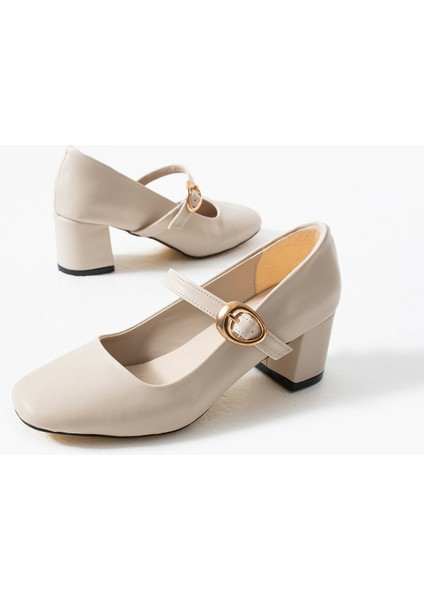 BA04593 Bej Cilt Toka Kemer 5 cm Topuklu Ayakkabı - 39 fırsatları
