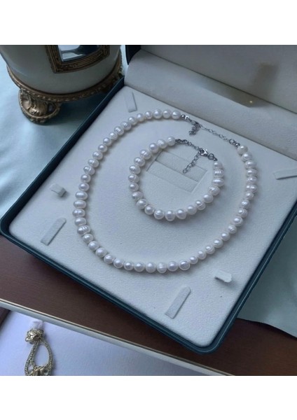 50CM - Sertifikalı 925 Ayar Gümüş Doğal 8mm Inci Kolye Bileklik Set