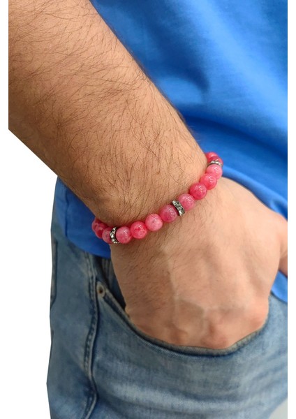 Lastikli Doğal Pembe Kuvars Taşlı Erkek Bileklik EY36 fiyatları