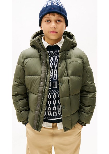 Erkek Çocuk Kabartma Yazı Logolu Kapüşonlu Şişme Mont - Haki