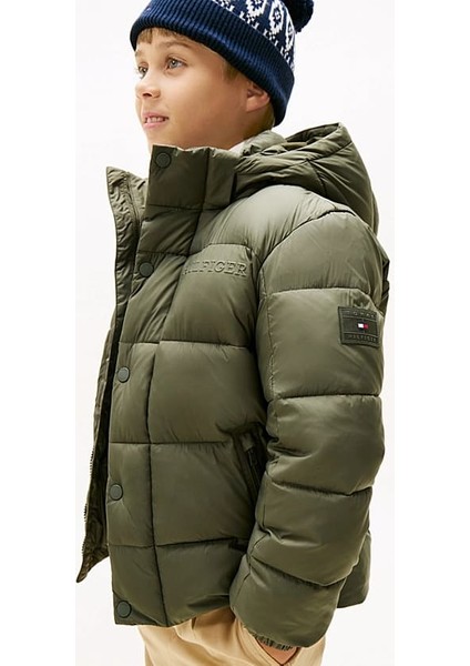 Erkek Çocuk Kabartma Yazı Logolu Kapüşonlu Şişme Mont - Haki fiyatları